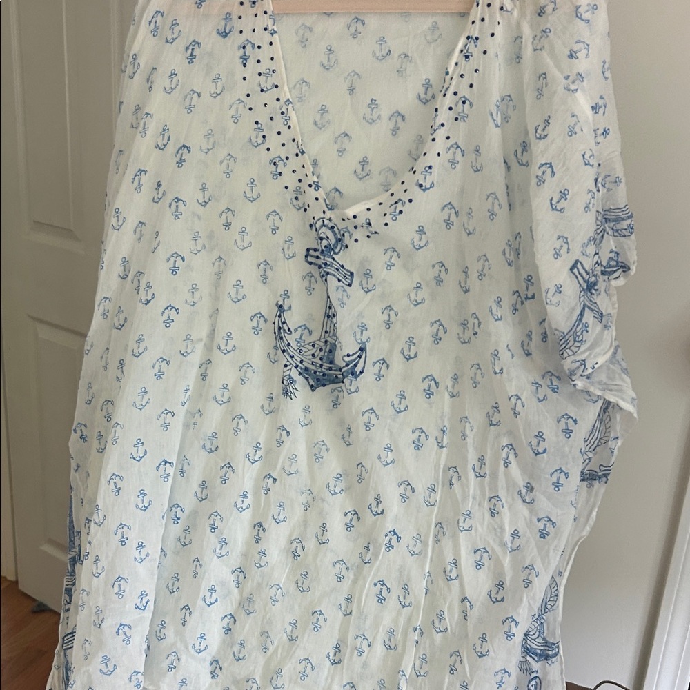 Ashley Taylor White and Blue Anchor Print Swim Coverup
